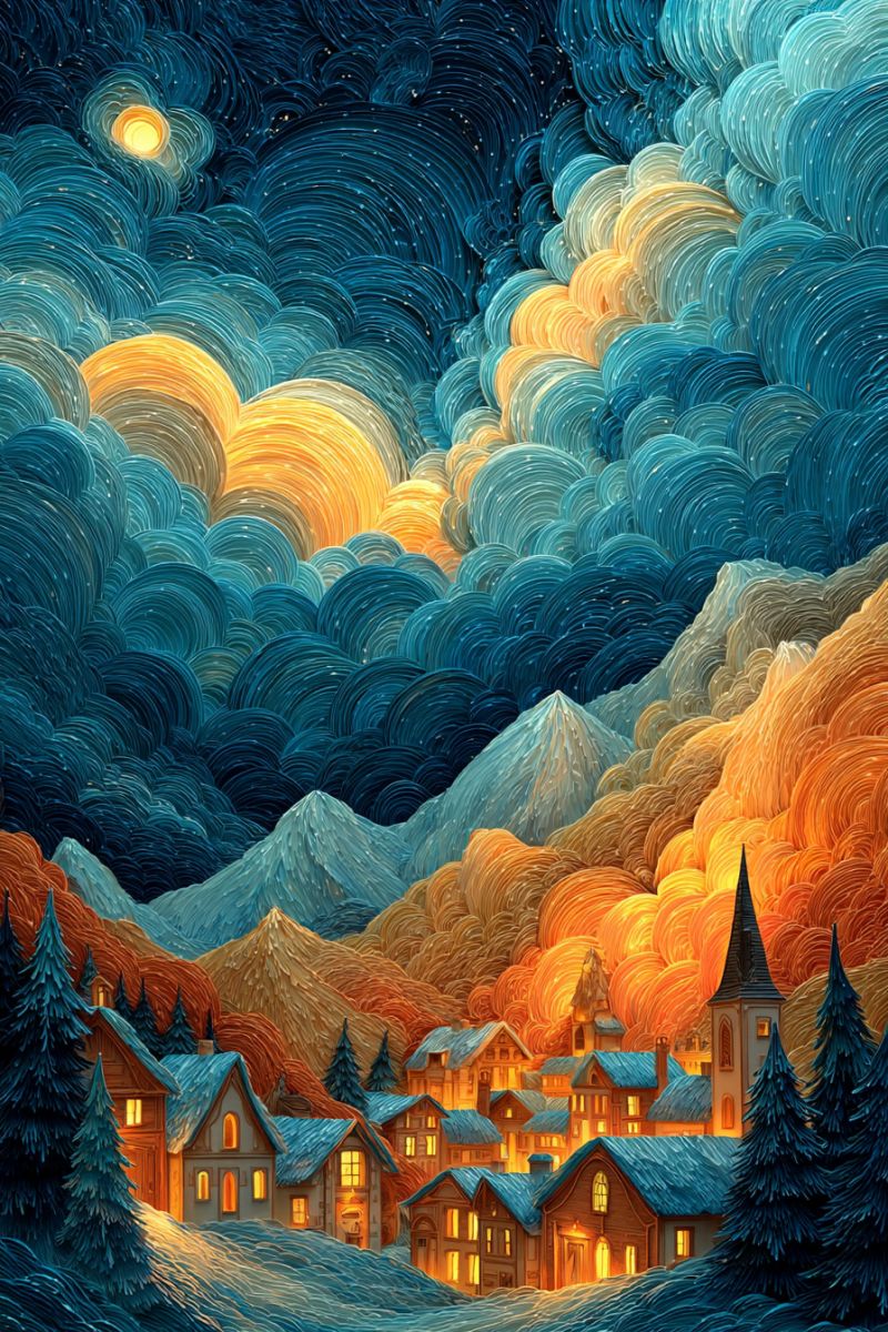 Night sky clouds mountains houses trees village painting winter snow fire warmth cold beauty nature serene winter night scene with a village nestled in a valley surrounded by mountains. The sky is a deep blue with swirling clouds painted in shades of blue, yellow, and orange, creating a dynamic and textured effect. The moon is visible, casting a soft glow over the landscape. The village is composed of several small, warmly lit houses with chimneys puffing out smoke, indicating cozy fires inside. The houses are surrounded by pine trees, and the ground is blanketed in snow. The mountains in the background are painted in warm orange and yellow hues, suggesting the setting sun or a fire. The overall atmosphere is tranquil and picturesque, with a sense of warmth and comfort emanating from the village.
