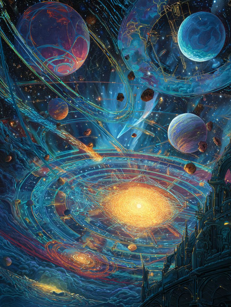 Space planets stars universe cosmos astronomy celestial galaxy orbit In the center of the image, a bright yellow sun radiates with intricate patterns, surrounded by concentric blue and red circles. Various planets of different sizes and colors float in the space around the sun, some with visible rings. The background is a deep blue, dotted with stars and nebulae. On the right side, a large, dark, gothic-style castle with spires and arches stands out against the celestial backdrop. The overall scene is vibrant and dynamic, blending elements of fantasy and science fiction.