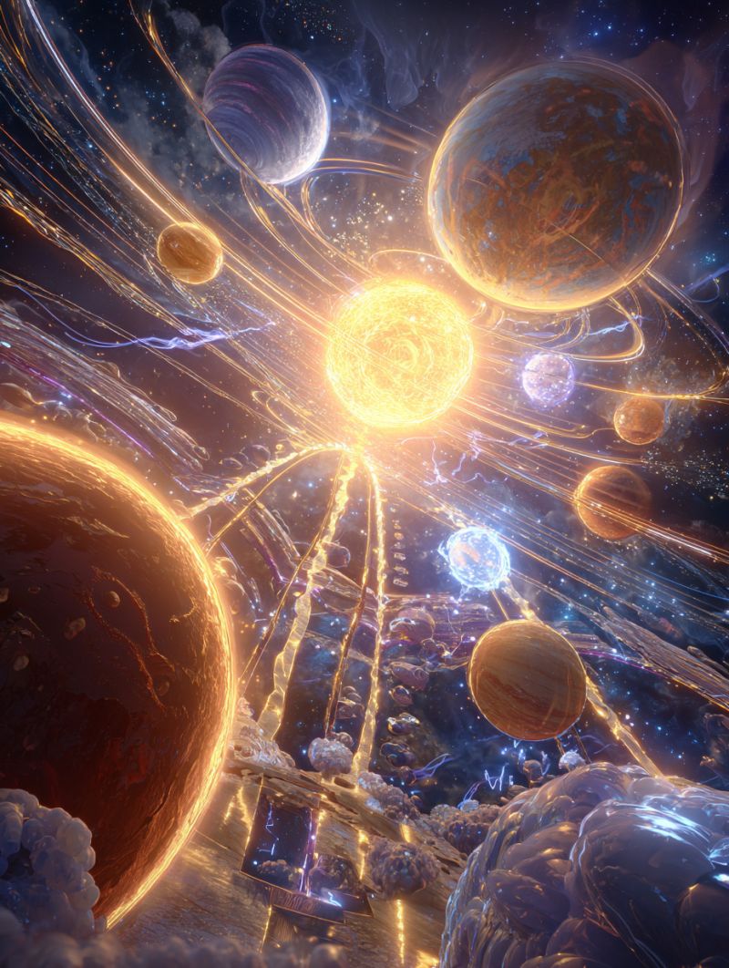 Space planets astronomy cosmos universe stars nebula galaxy celestial cosmic planetary astrophysics solar system outer exploration science In the center of the image, a bright yellow sun radiates light, casting a warm glow across the scene. Surrounding the sun are multiple planets of various sizes and colors, each with unique textures and features. Some planets have rings, while others appear to be in different phases of their orbits. The background is a deep, dark blue, dotted with stars that twinkle faintly. The planets and celestial bodies are connected by streams of light and energy, creating a dynamic and interconnected appearance. The overall atmosphere is one of cosmic wonder and exploration.