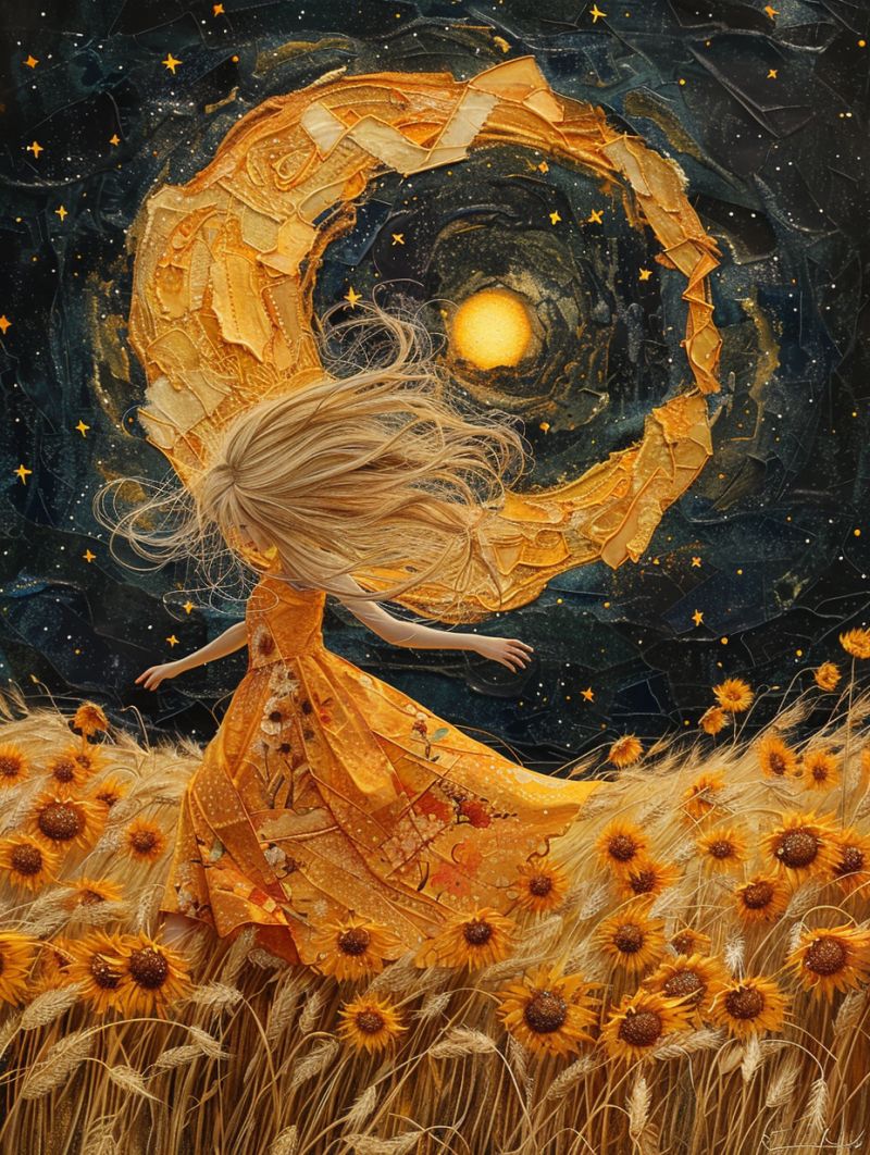 Girl dress field sunflowers moon night stars painting fantasy imagination dreams magic wonder beauty colorful glow shadow In a vibrant field of tall, golden wheat and sunflowers, a young girl with long, flowing blonde hair dances gracefully. She wears a flowing, golden dress adorned with small, intricate details. The background features a striking, golden crescent moon made of layered, textured materials, set against a deep, starry night sky. The moon is bright and full, casting a warm glow over the scene. The sky is a deep blue, dotted with numerous stars, adding to the magical atmosphere. The overall effect is whimsical and enchanting, blending elements of nature and fantasy.