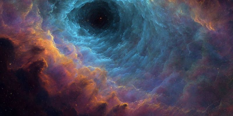 Space galaxy nebula cosmos universe star astronomy astrophysics celestial cosmic astronomical galactic stardust cosmology interstellar outer object swirling, colorful nebula in space. At the center, there is a dark, circular void, possibly a black hole, surrounded by a vibrant, swirling cloud of gas and dust. The nebula is predominantly blue and purple, with hints of orange and red. The colors blend seamlessly, creating a mesmerizing, almost hypnotic effect. The background is filled with stars, adding to the cosmic beauty of the scene.