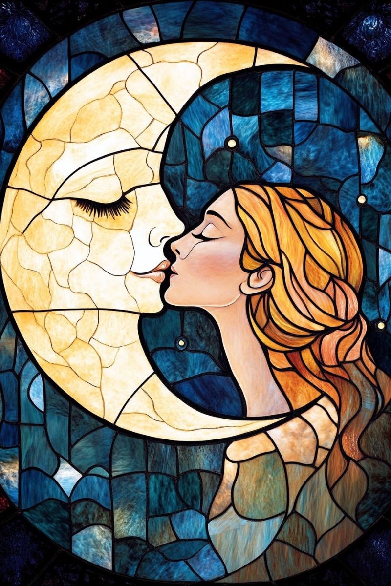 Lune femme vitre coloree croissant nuit etoile paix amour baiser romance tranquilite celeste sereine beaute fenetre L'image montre une fenêtre de verre coloré représentant un paysage paisible. À la primaire, il y a un profil de femme aux cheveux longs qui regarde le spectateur avec un expression douce. Au-dessus de sa tête, la lune dans sa phase pleine est visible, éclairant la scène avec son lumière vive. Le palette des couleurs est riche et variée, avec des nuances bleues, vertes, jaunes et bruns qui créent une atmosphère chaude et conviviale. L'artiste style est rappelé par les traditionnelles verrières colorées, caractérisé par des motifs complexes et des dessins typiques de l'architecture gothique. Les verrières sont placées contre un fond sombre, ce qui aide à mettre en valeur les couleurs et les détails au sein de la fenêtre. La composition globale est équilibrée et harmonieuse, avec la femme sous la lune fournissant un point central de focalisation. La partie inférieure de l'image montre un modèle de bordage qui encadre l'image centrale.