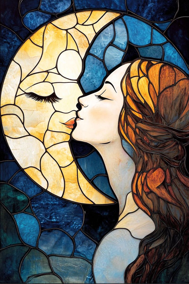 Lune femme vitrage tachete baisse levres amour nuit romantique fresque L'oeuvre d'art en verre coloré représente deux figures. Une figure apparaît comme une femme aux cheveux longs et flottants, regardant le ciel et fixant la lune. L'autre figure est un homme au barbe, regardant également vers le haut pour la lune. Il a ouvert la bouche comme s'il venait de prononcer une phrase ou peut-être il lui donne un baiser sur la joue. Le verre coloré à la fenêtre est coloré et détaillé, présentant un fond bleu avec diverses formes et motifs qui remplissent l'espace autour des figures. La femme tient quelque chose de semblable à un livre, ce qui suggère qu'il pourrait être un objet ou un symbole important dans le contexte de l'oeuvre. Il n'y a aucune texte visible dans l'image. Le style de l'art est réaliste avec une touche de fantasy ou de surréalisme en raison du fond stylisé et de la qualité éthérée des expressions et des cheveux des figures.