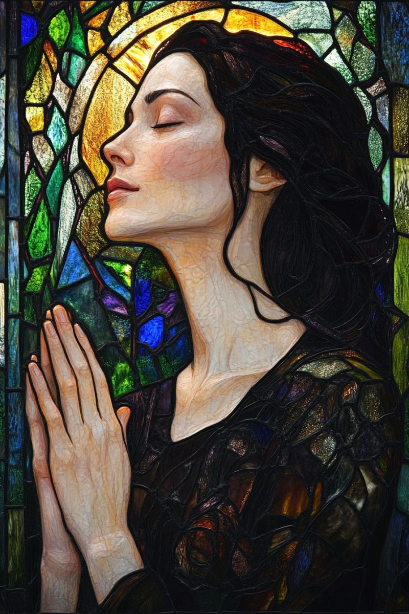 Verre religieux femme priere fenetre eglise religion foi spiritualite devotion marie vierge chretienne bible ecriture artisanalement traditionnel medi L'image représente une femme aux cheveux longs et noirs. Elle porte un vêtement brun et ses yeux sont fermés, ce qui lui donne l'air de prier ou de réfléchir. Ses mains sont entreclosse comme dans une prière ou un geste d'adoration. Le fond est orné d'une fenêtre en verre teinté avec des motifs et des couleurs complexes, ce qui suggère un contexte religieux ou spirituel. Il y a une atmosphère de tranquillité et de révérence transmise par la composition de l'image.