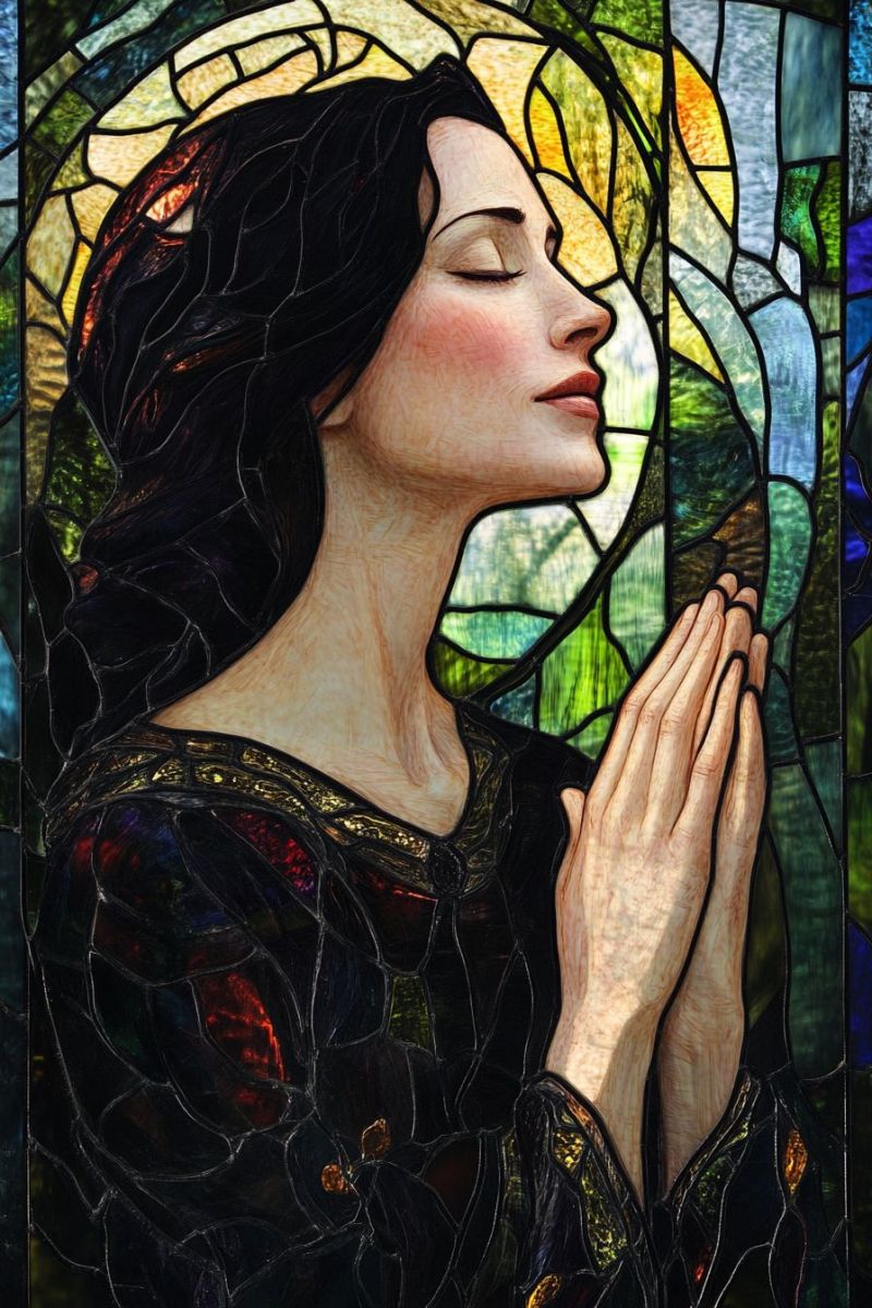 Verre religieux fenetre coloree eglise iconographie chretienne marie priere devotion catholicisme interieur foi religieuse vitraux Ceci est une image colorée représentant une fenêtre de verre tainé. Au centre de la fenêtre, il y a une représentation d'une femme avec des cheveux longs et noirs et une expression réfléchie sur son visage. Elle est représentée en vue latérale, regardant à droite avec la tête légèrement inclinée vers le bas. Ses yeux sont fermés et elle a l'air de prier ou de méditer. Le travail de verre tainé est détaillé, affichant différentes nuances de couleur qui créent un sentiment de profondeur et de lumière dans l'oeuvre d'art. Le fond de la fenêtre montre une intricate des motifs de feuilles et de branches, suggérant un cadre naturel extérieur. À la base de l'image, il y a un fond bleu avec du texte blanc qui lise 