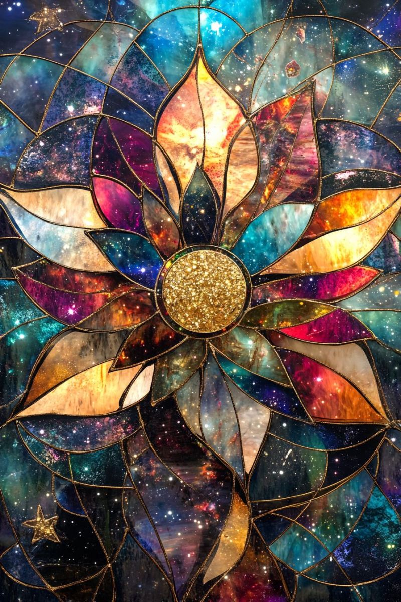 Vitre soleil colorees maitre decoration fenetre interieure nuit etoilee galaxie espace cosmique celeste mosaique multicolore delicate verre Une fenêtre en verre coloré avec une disposition centrale présentant un motif à fleur de lys, composé d'ouvertures multiple aux nuances de bleus, pourpres, verts et jaunes, créant un effet gradin. Au centre de ce dessin floral, une étoile ou un rayon solaire en or ajoute une contraste métallique aux couleurs vives qui l'entourent. Le verre lui-même présente des textures différentes, donnant une sensation de profondeur à l'oeuvre d'art. La fondation n'est pas visible complètement en raison des motifs complexes du verre coloré, mais il y a des indices de bleus profonds et de jaunes, possiblement suggérant les étoiles ou les corps célestes. Le style overall est rappelé à l'esprit des fenêtres en verre coloré traditionnelles utilisées dans l'architecture ou comme oeuvres d'art isolées. Il n'y a aucune écriture présentée dans l'image pour fournir un contexte supplémentaire ou des informations sur l'oeuvre d'art.