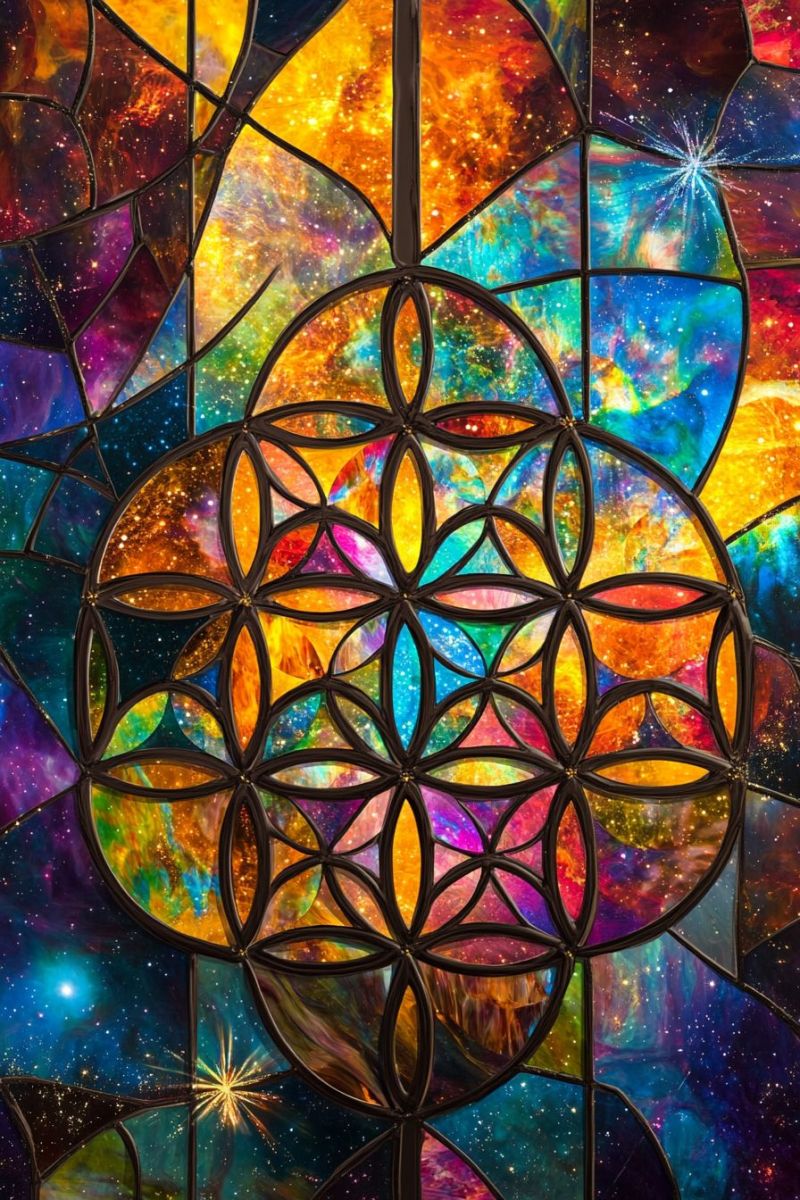 Verre coloree orbite espace science fiction beau impressionnant faitage unique cosmique mosaique oeuvre creative spirituel L'image que vous avez partagée est une vitre colorée entonnée. Les vitres de verre entonné sont créées en disposant des morceaux de verre coloré en motifs et en les mettant ensemble pour former la forme de la fenêtre ou de panneaux. Dans cette image particulière, nous pouvons observer plusieurs couleurs telles que le pourpre, le bleu, le rouge, l'orange, le vert et le jaune. Le dessin au sein de la vitre a un motif géométrique symétrique avec un ensemble central de fleurs ou peut-être une disposition en mandala. Les cercles concentriques qui entourent cet ensemble central semblent se propager vers l'extérieur depuis le centre. Le fond est invisible, ce qui suggère que cette photo a été prise sans distractions, permettant au spectateur de se concentrer exclusivement sur la vitre de verre entonnée. L'effet global est celui d'une détail intricate et de couleurs vives, réfléchissant la lumière de manière à donner un aspect tridimensionnel.