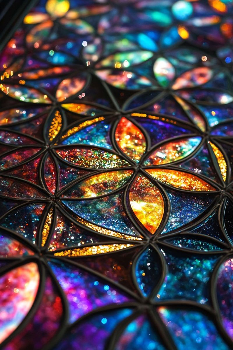 Verre vibrantes modeles intriques craftsmanship artisanat main mosaique religieux iconographie religieuse solaire panneaux decoratifs produit L'image affiche un plan de proche garde d'une fenêtre à verre coloré ornée de motifs géométriques et de couleurs vives. Les morceaux de verre apparaissent disposés dans un modèle géométrique, certaines parties présentant des couleurs plus foncées comme les bleus et noirs, contraste avec des nuances plus claires comme les jaunes et les blancs. Il y a un motif circulaire au centre qui attire l'attention en raison de sa variation de couleur distincte. La lumière sur le verre coloré établit des ombres douces derrière elle, mettant en valeur les textures et les contours des morceaux de verre. Le fond est décentré, ce qui met en avant le verre coloré comme sujet principal. Il y a un symbole d'eau à base au coin gauche supérieur, possible indication de copie ou de propriété artistique.