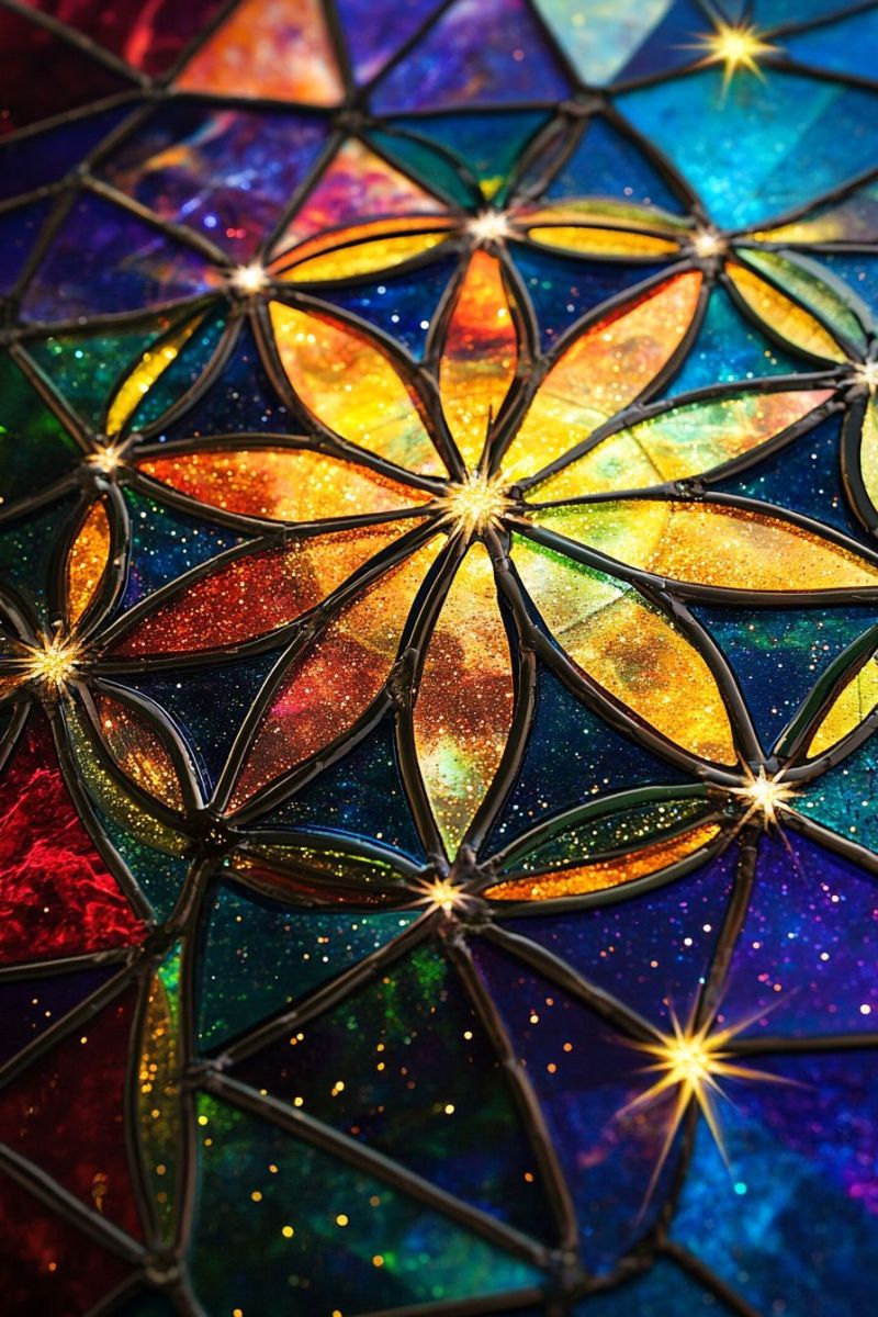 Fleur tache verre soignee creation kaleidoscope soigneusement cree oeuvre decoration interieure unique piece maison decoratif vente belle lumineuse Vue rapprochée d'un design de carreaux colorés. Cela semble être composé de nombreux petits morceaux luisants qui sont disposés pour créer des modèles et des formes. Les couleurs du carreau comprennent des nuances bleues, vertes, jaunes, oranges, rouges, blanches et noires, créant une apparence vive et texturée. Le centre de l'image présente un modèle plus grand et plus détaillé qui pourrait être interprété comme une étoile ou un fleur avec des points multiples ou des pétales s'étendant à partir du centre. Cela est entouré par des modèles plus petits et simples qui se répandent à partir de lui. Le fond est sombre, ce qui permet aux couleurs et aux détails du carreau de se détacher clairement.