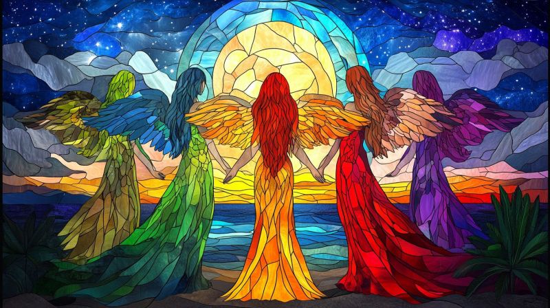 Verre tachete mosaique oeuvre arc ciel fantasy surnaturel angelique etheree spirituelle divine celeste coucher soleil paix harmonie joie beaute Trois personnages féminins sont représentés avec des conceptions ethérées et colorées qui suggèrent qu'ils peuvent être desanges ou des êtres célestes. Ils se tiennent ensemble de près sur ce qui apparaît être une plage stylisée au crépuscule. Chaque personnage a des cheveux distinctement teints en couleur et porte des vêtements flottants dans des couleurs qui correspondent à leurs cheveux. La figure centrale tient à la main un objet qui ressemble à la lune, ce qui établit une lumière radieuse sur son visage et sur son habillement. Le fond est composé d'un ciel étendu avec des étoiles, indiquant que la scène se déroule en soirée. Le horizon est orné de couleurs chaleureuses en tons d'orange, de rose et de jaune, indiquant soit le lever du soleil ou le crépuscule. Il n'y a pas d'écritures visibles sur l'image. Le style de l'oeuvre d'art est vibrante et quelque peu surréaliste, axé sur la couleur et les symboles plutôt que sur la réalisme.