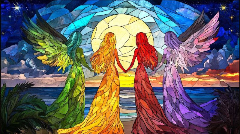 Verre trois feminines arc ciel coucher soleil bateau voiageur ligne horizon nuages vitrage pieces multicolores femmes marchant main magnifique mer Un cadre vif et fantaisiste avec trois fenêtres de verre coloré au centre. Chaque fenêtre présente un personnage aux cheveux flottants, ce qui suggère une sensation de mouvement ou de musique. Le personnage de gauche a des cheveux bleus pâles qui coulent et est teinté en tons pastel. Au milieu, il y a un autre personnage avec la même flow de cheveux, mais son coloris est plus tonalisé par rapport au premier. À droite, le troisième personnage a des cheveux bleus foncés qui coulent et un tonaliser plus sombre. Ils semblent se tenir debout sur une plateforme avec ce qu'on croit être un paysage pittoresque qui inclut une plage ou une côte sous un ciel de coucher de soleil ou d'aube. Le ciel se transitionne des jaunes chaleureux près de l'horizon vers les bleus froids et les pourpres au sommet, indiquant soit le lever du soleil ou le coucher du soleil. Les personnages semblent tenir la main, symbolisant l'unité ou la complicité. Au-dessus d'eux, il y a un grand mosaïque de verre coloré qui ressemble à un soleil avec des rayons s'étendant vers le bas, créant un fond dramatique pour le trio. Le mosaïque est composé de petits morceaux de verre en différentes couleurs, notamment les bleus, les pourpres, le vert et les jaunes, ce qui contribue à la thème coloré d'image. Le style de l'artourrage suggère qu'il pourrait être lié à la musique ou une concept-album, compte tenu du fait que les fenêtres de verre sont utilisées de manière plus typique de l'art album que la staine de verre traditionnelle. La concentration sur des couleurs vives et des éléments fantaisistes contribue à un sentiment autremondain et imaginiatif.
