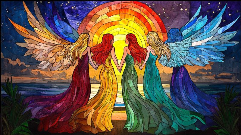 Fenetre verre tintaillee oeuvre religieuse religion eglise croix coucher soleil femmes ange nuages arc ciel priere foi beau vitraux inspirant Une fenêtre en verre coloré avec trois figures féminines, chacune distincte par sa couleur et son habillement. Elles se tiennent debout l'une à côté de l'autre sur un fond d'horizon du soir ou de la nuit avec des étoiles. La figure à gauche est vêtue de couleurs rouges et oranges, la figure au milieu porte des couleurs vertes et bleues, tandis que la figure à droite est habillée de jaunes et oranges. Au-dessus d'elles, il y a une décoration colorée vibrante d'un coucher du soleil avec plusieurs couleurs qui se diffusent du centre, créant un ambiance élégante. Le style de l'art est rappelé par les designs traditionnels de fenêtre en verre colorée, souvent trouvés dans des églises ou des cathédrales connues pour leurs motifs complexes et leur symboles religieux. L'image a été partagée sur une plateforme de médias sociaux, indiquée par les éléments de l'interface à la base.