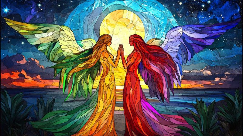 Graphique coloree fantasque eclatante arc ciel tachete verre coucher soleil nature etoiles horizon ocean plage iles tropicales palmier arbre folklore Une scène fantastique et colorée. Elle présente deux figures debout l'un à côté de l'autre et en face les unes des autres, avec les bras étendus, comme si ils dansaient ou s'étreintaient. Ils ont des corps allongés et des cheveux qui ressemblent à des rainbows vibrants, ce qui suggère qu'ils pourraient représenter des anges ou des êtres éthérés. Le fond est constitué d'une paysage calme avec un lac à gauche et le ciel illuminé de lune au-dessus. La lune est marquée dans le ciel et envoie une lumière sur la scène. Les couleurs utilisées dans l'oeuvre sont riches et variées, créant un sentiment d'harmoine et d'équilibre. Il y a une atmosphère céleste ou surnaturelle à cause de la représentation de ces figures et de leur environnement.