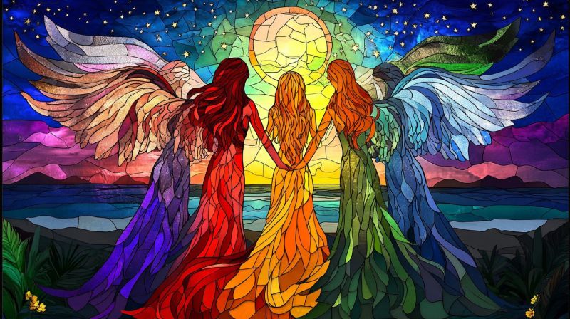 Ange femme vif vitrau arc ciel lumineux ailes main celeste nocturne etoiles lune paisible calme fantastique belle spirituel reveur Illustration colorée de trois anges en verre soufflés au vol. Ils sont représentés avec les ailes étendues et se tiennent par la main, créant un sentiment d'unité. Chacun des anges a une personnalité distinctive suggérée par le vêtement qu'il porte ; l'un est habillé de tissus traditionnels à couleur rouge, l'autre de verts vibrants et le troisième d'une combinaison de bleu et de pourpre. Ils se dressent sur un fond qui inclut une représentation stylisée du paysage avec un corps d'eau en bas, sous un ciel étoilé. Le style général suggère qu'il pourrait s'agir d'un artwork destiné à un contexte religieux ou d'une pièce décorative conçue pour symboliser l'esprit et l'harmoine.