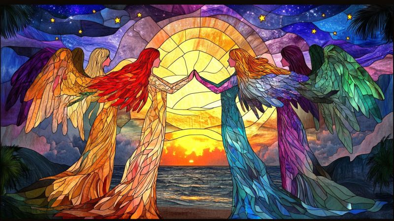 Verre fenetre artisane place eglise mural religieux sculpture ange craftsmanship vitraux architecturaux biblique panneau multicolore iconogra L'image présente une grande fenêtre de verre coloré qui représente un groupe de figures avec les ailes étendues. Ces figures semblent être des anges ou des créatures mythiques, chacune présentant des tons vifs, certains dominés par les bleus et les rouges. Elles sont rassemblées autour d'une ouverture au centre, ce qui suggère une connexion ou une unité entre elles. Au fond de l'image, il y a un paysage présentant ce qu'il semble être une plage ou une côte sous le soleil couchant ou le lever du soleil, indiqué par la chaleur qui remplit le ciel avec des tons d'orange et jaune. Le ciel lui-même est orné de quelques nuages éparpillés dessus. La partie supérieure de l'image présente une représentation stylisée du ciel nocturne avec des étoiles contre un fond bleu plus sombre. Cela pourrait être une représentation artistique plutôt qu'une réaliste. Au centre, il y a une grande lumière solaire qui brille et dont les rayons émanent, créant un effet dramatique et peut-être symbolique. L'ensemble de l'image ressemble à un style religieux ou spirituel, souvent trouvé dans des cathédrales ou des lieux de culte.