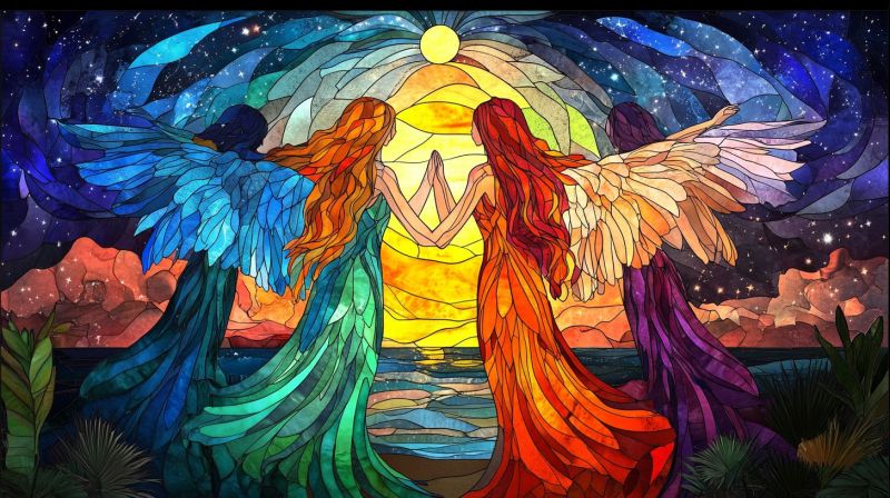 Oiseaux fantaisie paradis ciel vitraux arc nuit teinture violette stylise harmonie amour paix tranquillite calme celeste reve mysterieux L'artiste créant des oeuvres vibrantes et colorées qui mettent en scène deux figures aux ailes, qui semblent flotter ou voler dans l'air. Ces figures ont des cheveux longs en cascade et sont ornées de plumes. Elles sont placées au centre d'une composition riche et multisur les éléments. Le fond de l'image est un gradient de couleurs du bas vers le haut, qui passe de tons chauds au bas à des tons froids au-dessus, ce qui crée une atmosphère de coucher de soleil ou de lever de soleil. Le ciel et la paysage sont rendus d'une manière à suggérer l'profondeur et la distance, avec des couches de nuages et une touche de montagnes ou de collines sur l'horizon. Les figures sont entourées de végétation verte luxuriante, ce qui renforce l'impression d'un cadre naturel et extérieur. Le style général de l'artiste est évoqué par des vitraux colorés, avec leurs motifs complexes et leur palette riche de couleurs. L'oeuvre semblable à susciter des thèmes de liberté, beauté et nature, et elle a une qualité fantastique ou mythique.