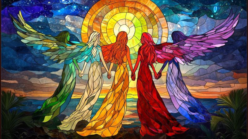 Verre religieux artistry fenetre anges femmes coucher soleil ciel arc spirituel craftsmanship mosaique coloree decoration eglise L'image représente une fenêtre de verre coloré vibrante et colorée qui dépeint trois figures debout ensemble devant un soleil rayonnant coloré à l'arc-en-ciel. Les figures sont rendues dans un style de mosaic avec plusieurs couleurs pour représenter les robes ou le vêtement qu'elles portent. Elles semblent être en position de réflexion, avec une figure légèrement tournée vers le spectateur et les deux autres face à l'avant. Le fond du verre coloré présente un ciel couchante se transfigurant du violet près du haut au bleu plus foncé vers le bas, suggérant soit l'aurore ou la fin de journée. Les rayons du soleil émanent derrière et autour des figures, mettant en valeur leur position centrale dans la pièce. Il n'y a aucune texte visible sur l'image qui peut être lu, et elle a une forme rectangulaire typique de verres colorés. L'ensemble du style de l'image combine des techniques artistiques traditionnelles avec des interprétations modernes de la lumière et des couleurs.