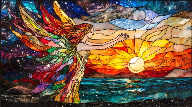 Verre oeuvre mosaique ange espoir prier foi coucher soleil nuages arc ciel religieux fenetre decoration murale eglise mur belle Une fenêtre de verrecoloré vibrante et colorée. Au centre de la composition, se trouve une figure angélique avec des ailes, tenant ce qui semble être un coeur dans une main et touchant le ciel avec l'autre. La figure angélique est habillée de robes enflammées qui se fondent dans les couleurs environnantes, contribuant à un sentiment de mouvement et d'âpreté. Le fond du verre coloré présente un ciel dynamique passant du coucher du soleil au crépuscule. La partie inférieure du ciel présente des tons chaleureux d'orange et jaune, suggérant que le soleil se couche. L'éclairement monte en hauteur, pondu de nombreuses étoiles, indiquant la transition vers le ciel nocturne. Le ciel n'est pas seul dans sa beauté; il reflète sur une masse d'eau au-dessous, qui miroite les couleurs du ciel, créant un environnement réfléchi et paisible. La réflexion ajoute de la profondeur à l'image et crée un sentiment de tranquillité. Entourant la figure angélique se trouvent plusieurs panneaux avec des dessins et des motifs intriqués, chacun contribuant à l'esthétique globale du verre coloré. Ces panneaux présentent divers couleurs y compris le rouge, le vert, le bleu et jaune, qui s'intègrent harmonieusement ensemble, renforçant l'impact visuel de l'oeuvre d'art. La partie inférieure de l'image montre un coucher de soleil caractérisé par des tons chaleureux d'orange et jaune, avec le soleil en partie caché par les nuages ou peut-être par un autre élément au sein du verre coloré. La réflexion du coucher de soleil sur l'eau au-dessous ajoute une sensation de calme à la scène. En général, l'image présente une composition belle et paisible qui semble évoquer des sentiments d'équilibre, d'amour et de spiritualité. L'utilisation de couleur, de lumière et d'ombre crée une expérience visuelle dynamique.