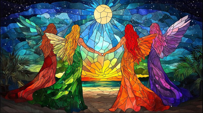 Ange lune vitrau illets oeuvre eclairage brillant fantasy nocturne coucher soleil femme arc ciel imprimee coloree vitrage Vitre en verre coloré vibrante qui représente une scène avec trois figures qui ressemblent auxanges. Chaque ange est différent de couleur, l'un étant jaune, un autre vert et le troisième pourpre. Ils se tiennent proches les uns des autres avec leurs mains jointes doucement devant eux. Le fond du vitrail a une motif ciel et il y a une représentation d'une lune croissante à droite. Les couleurs de verre coloré varient depuis des teintes pastélis au sommet jusqu'à des tons plus intenses en bas. Cette oeuvre est riche de détails et de couleurs, créant une image qui est à la fois artistique et inspirante.