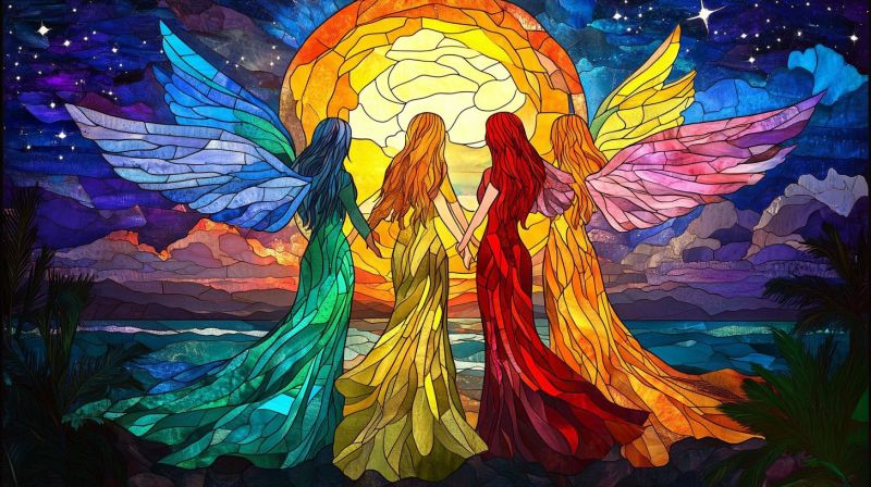 Atelier vitraux fantaisie anges vivants celestes ciel nuages etoiles arc coucher soleil feminines ailes spiritualite artiste decoratif fenetre religie Ceci est un artwork stylisé présentant deux personnages qui semblent être des personnages dans un cadre de fantasy. Les personnages ont des cheveux enflammés et sont ornés de belles ailes colorées, ce qui suggère qu'ils pourraient être des anges ou des créatures mythiques. Ils se tiennent debout à côté l'un de l'autre, regardant vers l'arrière à l'intérieur du spectateur, en regardant le ciel. Le fond représente un coucher de soleil vif avec le soleil visible près de l'horizon, projetant des nuances d'orange et jaune sur le ciel. Le ciel est également rempli de nuages qui passent par des teintes de bleu, de pourpre et de rose, créant une atmosphère éthéré. Au-dessus des personnages, il y a une grande fenêtre en verre coloré avec des dessins délicats qui semblent réfléchir la lumière à partir de l'intérieur. L'ensemble du style de l'artwork est riche en couleur, lui donnant un sentiment vivace et magique.
