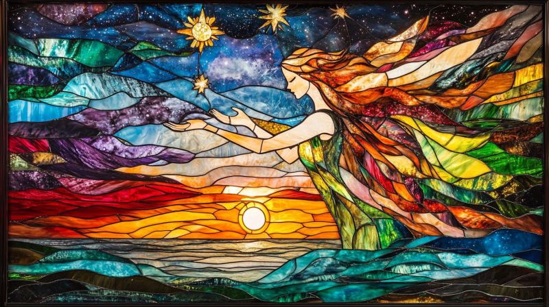 Verre coucher soleil decoratif religieux peint mosaic oeuvre couchant arc ciel nuages femme ange inspiration reve La fenêtre de verre coloré. L'artiste utilise des couleurs vives et représente une figure, peut-être un ange, debout sur un paysage montagneux pendant soit le lever du soleil ou le coucher du soleil, compte tenu des teintes chaudes dans le ciel. La figure semble émettre un doux éclairage avec une source de lumière derrière elle, en renforçant sa silhouette. Le style de la fenêtre suggère qu'elle pourrait provenir d'un contexte religieux, tel qu'une église, compte tenu des représentations traditionnelles souvent vues dans l'art chrétien. L'environnement affiche un soleil radieux près de l'horizon, projetant une mélange de lumière jaune et orange sur le ciel. En bas, la paysage est représenté par des collines ou des montagnes, et il y a un corps d'eau qui reflète certaines des couleurs du ciel. Les couleurs utilisées sont principalement rouges, jaunes, bleus et pourpres, ce qui donne au tableau une aspect coloré et vivant. La technique de verre coloré est utilisée pour remplir le fond, créant un effet semi-transparent où les contours sont clairs, mais les intérieurs des formes laissent passer la lumière, ce qui crée un motif complexe souvent perçu comme symbole. Il y a une étoile visible dans le ciel nocturne à la coin gauche supérieur, ajoutant au thème céleste de l'art. La impression générale est d'une sérénité et peut-être d'intervention ou de guidance divines, thèmes souvent trouvés dans l'art religieux.