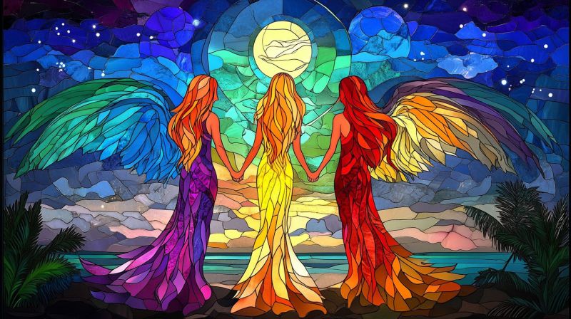 Anges mural vitraux deux femmes arc ciel oeuvre mains holding sous lune plage nuages coucher soleil horizon mosaique verre nocturne relaxante pacifiqu Un scène colorée et fantaisiste de deux figures, ressemblant aux mermaids, debout sur une falaise rocheuse. Elles sont ornées de têtes vives qui cascadent dans des nuances de bleu, rouge, jaune et pourpre, laissant penser qu'elles pourraient être des anges ou des êtres spirituels plutôt que des mermaids traditionnelles. Les deux figures ont des cheveux longs et semblent regarder vers l'infini, où est visible une pleine lune. Le fond présente un ciel dramatique avec des nuages, rendus dans des couleurs riches de bleu, de pourpre et de jaune. Dans le plan-fond, il y a des couches supplémentaires de couleur et d'effets lumineux qui donnent à la scène une qualité éthérée et magique. Il existe un effet de texture et de couche de fond qui ajoute de la profondeur à l'image, lui faisant ressembler à une fenêtre en verre coloré avec ses motifs complexes et son jeu de lumière. L'ensemble du style est rappelé par l'art fantastique, avec une emphase forte sur le couleur et l'atmosphère.