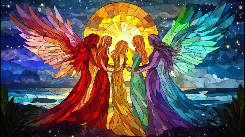 Ange lune vitraux fantastique brillant arc ciel multicolore super heros coucher soleil drapeau droits lgbtq egalite diversite inclusion L'oeuvre d'art en verre coloré et vif présente trois figures humaines, chacune avec sa forme et sa teinte distinctes, émanant du centre de la composition. Ces figures semblent être engagées dans une activité ou un événement en groupe. La figure de gauche est dominée par des tons bleus et rouges, avec un cou prolongé et des cheveux bouclés. La figure au centre a une forme plus humaine et porte les teints orange et jaune. La figure à droite présente des tons verts et pourpres, ainsi que des cheveux bouclés. Chacune de ces figures a les bras étendus, comme si elle accueillait ou communiquait quelque chose invisible à l'intérieur du cadre de l'image. Les figures centrales sont entourées de motifs en verre coloré qui créent un effet dynamique et épais, avec des nuances de couleurs telles que le rouge, le vert, le bleu et le jaune. L'art style ressemble à celui des vitraux traditionnels en verre souvent trouvés dans les cathédrales gothiques, mais la matière semble interpréter un sujet moderne ou contemporain. Le ciel du fond de l'image est un bleu sombre qui contraste avec les figures colorées et les motifs, les faisant se démarquer. Il n'y a pas de texte visible dans l'image. La composition globale donne l'impression d'être une illustration ou une oeuvre d'art conçue pour mettre en valeur ses détails intriqués et ses couleurs vives.