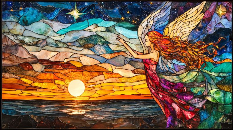 Ange vitraux oeuvre ailes coucher soleil ciel nuages montagnes fenetre vitree piece vif maitrise metier beau artisan verre creativite intrique L'image affiche une fenêtre de verre coloré vibrante représentant un scène avec un thème de fantasy. Au centre de la composition, il y a une figure d'ange, dotée de ses ailes et d'une expression serène. Les cheveux de l'ange coulent vers le bas, suggérant du mouvement ou un léger vent. Il tient dans sa main droite ce qui semble être une petite boule, et sa main gauche est levée comme si elle pointait vers le ciel. Le fond présente un coucher de soleil avec des teintes chaleureuses d'orange, jaune et rouge se blanchissant dans le ciel bleu foncé. La partie inférieure de la fenêtre de verre coloré représente une décoration du paysage, peut-être représentant des montagnes ou des collines sous la ligne horizontale. La fenêtre de verre colorée est placée au sein d'un cadre matelassé, ce qui suggère qu'elle est une oeuvre d'art destinée à être accrochée sur le mur. Le style de l'oeuvre d'art et les détails précis de la technique de verre coloré sont notables pour leur attention aux couleurs et à la lumière, créant un effet atmosphérique qui attire l'oeil du regard tout au long de la scène. La partie inférieure gauche du cadre a une eau de signature ou texte qui semble être un signe d'auteur ou un logo de l'artiste, indiquant le créateur de la fenêtre colorée en verre. L'oeuvre est très décorative et serait probablement appréciée par ceux qui aiment les oeuvres de fantasy, l'iconographie religieuse ou les travaux en verre coloré.
