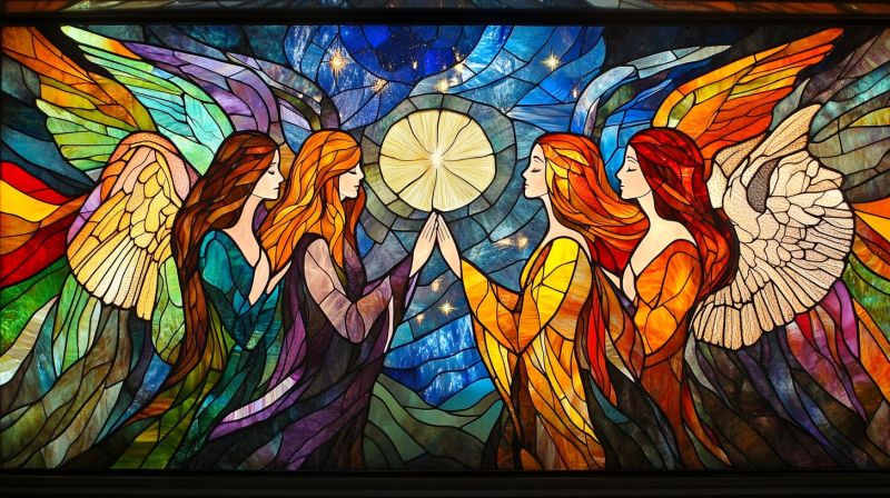 Ange verre tache fresque religieux femmes fantasy obscurite fenetres metier decoratif beau L'image représente une fenêtre de verre coloré avec des vitraux colorés. Un dessin représentant trois figures qui ressemblent aux anges ou aux êtres divins, chaque figure a des ailes et des halos autour du chef, suggérant un thème religieux. L'une des figures est au centre, tenant une fleur et semblablement la tendre à l'autre figure. Les deux autres figures sont aux côtés de la figure centrale, également avec des ailes et des halos. Elles tendent vers l'un l'autre, créant un sentiment d'unité ou de connexion. Le fond du vitrail est le ciel bleu avec des nuages et des étoiles, ce qui donne une impression des cieux. Il y a une lumière chaude provenant du verre coloré, indiquant qu'il pourrait être allumé à l'intérieur. L'oeuvre d'art est vibrante, utilisant des nuances de rouge, orange, jaune, vert et bleu pour donner vie au scène.