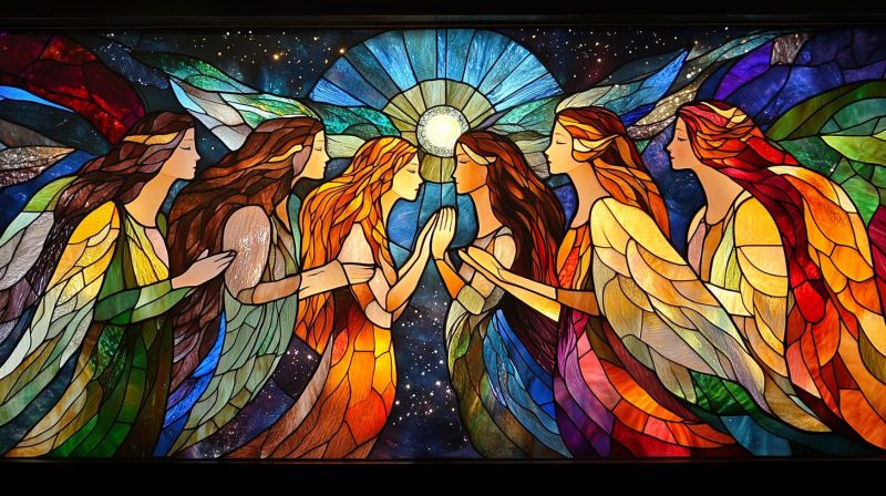 Verre mosaique panneau fenetre coloree intricate religieux femmes anges oiseaux etoiles celeste decorative magnifique religieuse oeuvre maitre piece Une fenêtre en verre coloré représentant trois figures. Ces figures paraissent être des femmes avec de grandes ailes, rappelant les anges, debout ensemble et regardant l'une vers l'autre. Elles sont représentées dans une perspective tridimensionnelle, avec la femme à gauche légèrement derrière les autres, créant un sentiment de profondeur et de perspective. La figure centrale est plus avancée que les deux autres, attirant l'attention sur elle-même. Le fond n'est pas détaillé mais donne l'impression d'espace ou du ciel, comme suggéré par la forme étoilée au sommet. Le palette de couleurs consiste en diverses nuances de bleu, vert, jaune et blanc, contribuant à l'aspect vibrant et vivant de la scène. Chaque figure a des cheveux qui semblent flotter, suggérant le mouvement ou un léger biseau dans l'image. À la base de l'image, il y a une photographie réelle du même fenêtre en verre coloré. La photo capture exactement le moment où la caméra a été prise, montrant une réflexion sur le verre et indiquant qu'a likely prise à l'intérieur avec des luminaires artificiels.