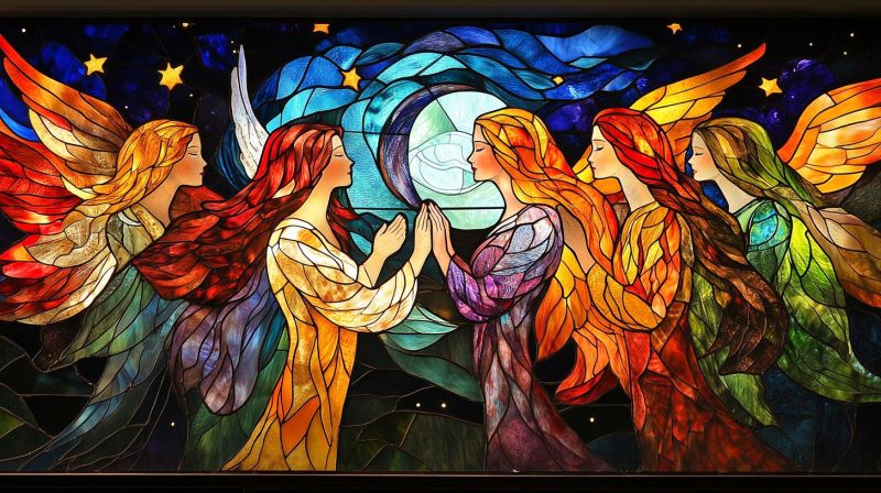 Vidrier coloree oeuvre religieux anges mosaique gothique fenetre eglise spiritualite vivacite decoratif bibliques celeste divin iconographie chretienn Une fenêtre de verre coloré représentant un groupe de figures qui paraissent être desanges ou des enfants de Dieu sont illustrées dans un style réaliste avec des couleurs vives, principalement se caractérisent par des nuances de vert, de rouge et d'or. Chaque figure a des ailes et tient ce qui semble être un instrument musical. La figure centrale semble jouer un instrument tandis que les autres regardent, certains tenant des instruments comme des luths ou des harpes. Le fond de la fenêtre de verre suggère une scène nocturne avec des étoiles qui brillaient contre le ciel sombre, ce qui ajoute une qualité onirique à l'oeuvre d'art. À la base de la fenêtre, il y a un bord coloré qui entoure tout le morceau, en renforçant son attrait esthétique. La maîtrise et les détails du verre coloré lui donnent une apparence complexe et ornée.