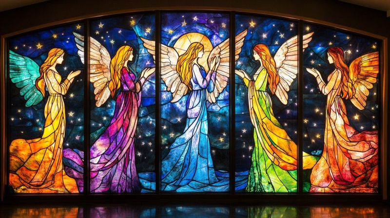 Vitre froid eglise fenetre religion femmes plafond saints priere interieur metaillurgie illumine beau verre peint culte spiritualite L'image représente une fenêtre d'oeuvre de verre coloré qui présente un paysage avec trois femmes représentées dans un style artistique traditionnel, chacune dotée de ailes et de halos autour la tête. Elles semblent être des anges ou des saints, vêtues de robes longues et tenant ce qui semble être des instruments musicaux : l'une joue du luth, une autre tient un tuyau ou un flûte, et la troisième a un harpe. Le fond de la fenêtre montre un ciel étoilé et une lune creuse, suggérant une scène nocturne. En dessous de la verrière, il y a un texte qui lit HIGHER POWER, ce qui pourrait impliquer un thème du pouvoir divin ou de la spiritualité dans cet environnement. Le texte est accompagné d'une image qui ressemble à une main donnant la bénédiction ou le signe de la paix. La verrière de verre est insérée dans un mur intérieur avec des bordures décoratives et est éclairée depuis l'intérieur, ce qui fait qu'les couleurs se démarquent vivement sur le fond sombre. Ce type d'art installation est souvent trouvé dans les bâtiments religieux, notamment les églises, comme expression de religion. L'image capture l'ambiance tranquille de tel espace, évoquant un sentiment de spiritualité et de vénération.