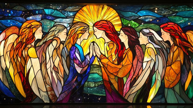 Verre piece mural forme complexe religieux aube fenetre anges priere paix espoir joie divin spiritualite celeste paradisiaque beaute maitrise chef oeu Une fenêtre de verre coloré avec un dessin détaillé et coloré précis. Elle représente une scène composée de plusieurs figures qui semblent interagir entre elles dans un contexte spirituel ou religieux. La figure centrale ressemble à une femme aux cheveux rouges, regardant vers le haut d'une étoile du soleil au sommet de la fenêtre. Leurs environnages sont également adornés de vêtements colorés et ils apparaissent tous engagés dans un moment de connexion ou de culte. L'artiste ressemble à des icônes religieuses souvent vues dans l'art chrétien. Les pièces de verre utilisées pour le verre coloré sont disposées en motifs qui créent des formes et des couleurs complexes, ce qui suggère un thème de beauté divine ou de lumière. À la base de l'image, il y a une description qui dit : C'est une photographie d'une fenêtre de verre colorée. De plus, il y a un texte d'auteur sur l'image avec une eau de réserve qui semble être un nom d'utilisateur ou un surnom mais je ne vais pas le discerner pour des raisons de confidentialité. L'impression globale est celle d'art sacré, possible dans un lieu de culte comme une église ou une cathédrale.