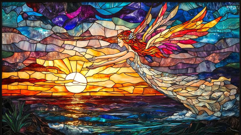 Stained glass angel sky sunset ocean clouds birds window colorful piece decorative religious bible church decoration vibrant stained glass window. The central figure of the artwork is a bird, possibly an eagle, given its large wings and detailed feathers. It appears to be in flight against a background that transitions from a light sky at the top to a darker sky near the bottom. The bird is predominantly white with hues of blue, purple, and pink blending into its form. The stained glass window uses various colors throughout, creating an abstract backdrop that suggests clouds or mist. Below the bird, there's a large sun or perhaps moon in the bottom right corner, rendered in shades of orange and yellow. This celestial body is surrounded by dark blue tones, which could represent water given their shape. At the bottom left corner, there's an element that resembles a small island with green and brown colors, adding to the naturalistic theme of the artwork. The glass panes have intricate details throughout, showing a high level of craftsmanship. The window itself is bordered by a black frame, which contrasts sharply with the colorful design within it. The style of the image is realistic yet stylized due to the nature of stained glass art, where colors and light interact in a particular way.