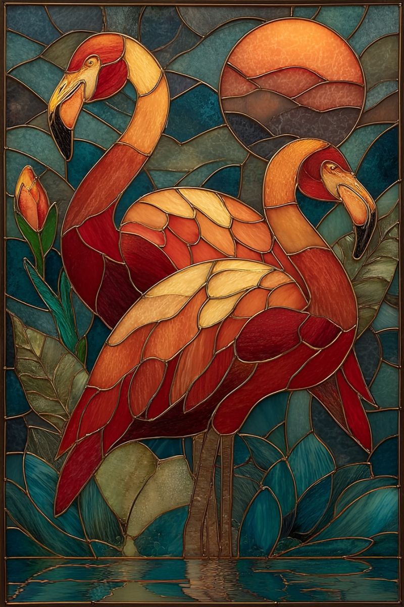 Flamingo painting mosaic watercolor nature wildlife bird sun reflection colorful floral tropical decorative ornament stained glass Panneau de vitrail vibrant représentant deux flamants roses debout dans un environnement aquatique serein. Les flamants sont colorés de nuances de rouge, orange et jaune, avec des détails complexes qui mettent en valeur leurs plumes et leurs longues jambes fines. Le fond est un mélange de teintes bleues et vertes, créant un cadre aquatique tranquille. Les flamants sont positionnés face à face, la tête tournée vers le spectateur, ajoutant un sentiment d'interaction et de présence. L'ensemble de la composition est encadré par une bordure dorée, rehaussant la nature décorative et artistique de l'oeuvre