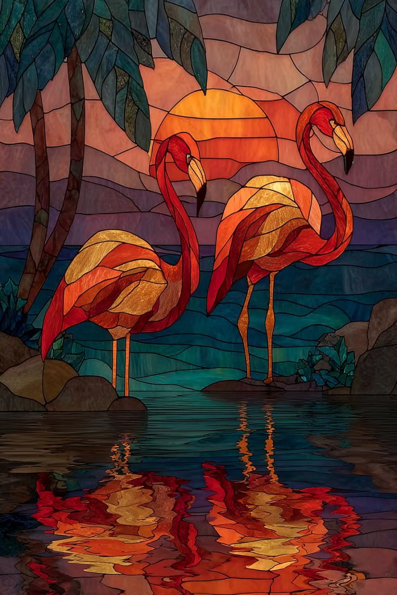 Flamingo eau reflet coucher soleil mosaique tropical plage nature faune oiseau decoratif palmier arbre vitrail Deux flamants roses se tiennent dans l'eau peu profonde, leurs plumes rouges et orange vibrantes se reflétant dans l'eau. La scène se déroule sur fond de soleil couchant, avec des teintes d'orange et de rose se mêlant dans le ciel. L'eau est calme, avec de douces ondulations. Derrière les flamants roses, il y a des rochers et un palmier vert luxuriant, dont les feuilles projettent une ombre sur l'eau. Toute la scène est représentée dans un style mosaïque, chaque pièce de la mosaïque contribuant à l'effet global vibrant et coloré.