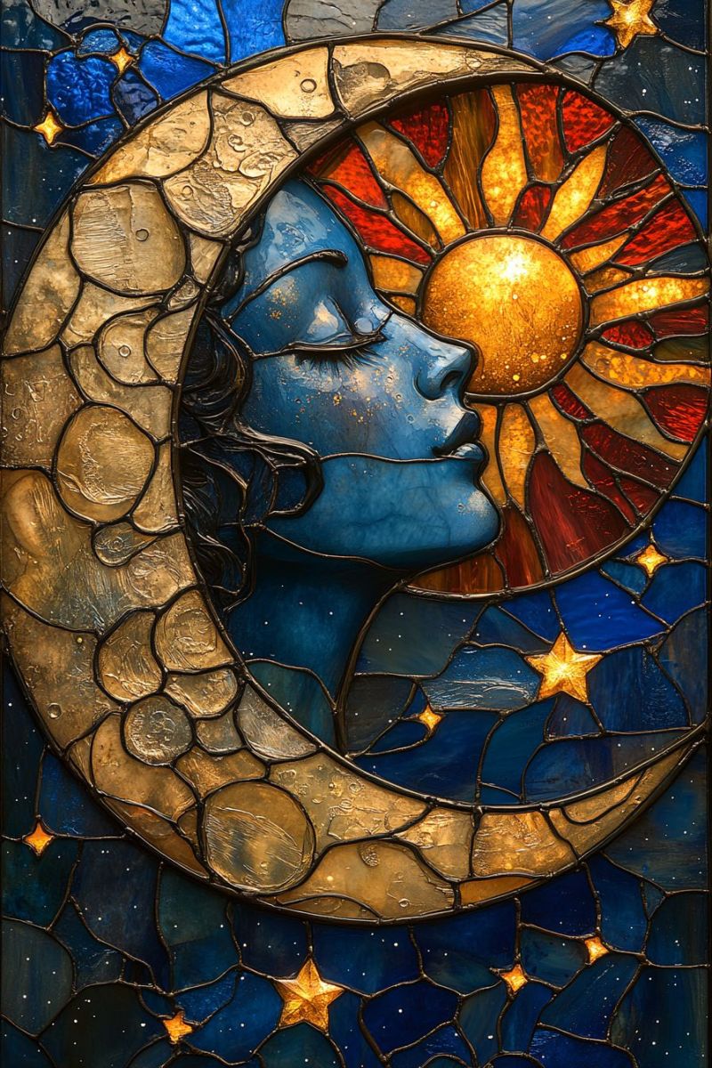 Stained glossy glass depicting moon shinning stars accurate picture amazing demonstrating the mischiefs wild of human activities on la stained glossy glass depicting moon shinning stars