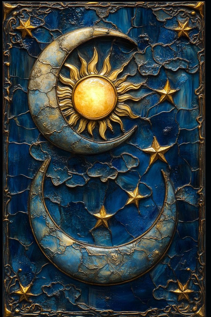 Wall moon crescent decoration celestial blue gold filigree nocturnal night sky decor stars suns metalwork border stained glass wall decoration that resembles a stylized depiction of an evening sky. Dominating the center is a large, crescent moon with intricate details and a rich blue color. Below it, there are two golden crescents on either side, which appear to be suns or moons, but their design makes it challenging to discern. These golden celestial bodies feature detailed patterns and rays emanating from them, adding to the overall ornate appearance of the artwork. The background is a deep blue color with subtle hints of stars, enhancing the celestial theme. Surrounding the main celestial motif are smaller elements that mimic star constellations. These consist of various shapes that could be interpreted as planets or other astronomical bodies, rendered in gold and other metallic hues. The artwork is framed by a darker blue border with decorative elements resembling more stars. The overall style of the artwork suggests it could be inspired by medieval tapestries or intricate wood carvings, given the level of detail and the use of a limited color palette, focusing on shades of blue and gold. The wall decoration is designed to convey a sense of serenity and otherworldly beauty, capturing the viewer's imagination with its celestial theme and meticulous craftsmanship.