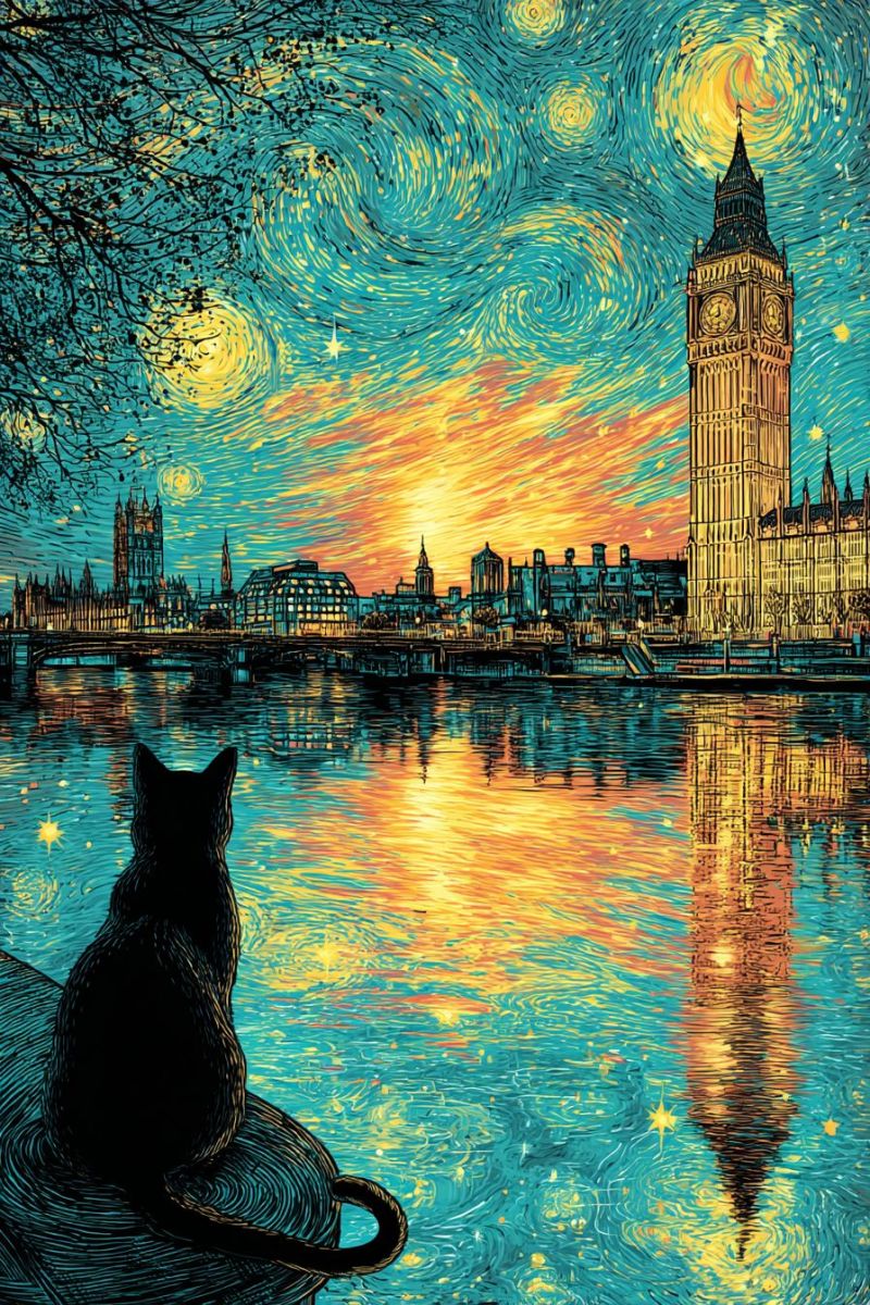 Chat nuit ciel etoile horloge tour batiment eau reflet coucher soleil ville pont architecture point repere urbain Au premier plan, un chat noir est assis sur une plateforme en bois, regardant vers la droite. La posture du chat est détendue, avec sa queue enroulée autour de son corps. La plateforme est située au bord d'un plan d'eau calme, reflétant le ciel vibrant au-dessus. Le ciel est un mélange de bleus profonds et de jaunes tourbillonnants, rappelant une nuit étoilée. En arrière-plan, l'emblématique tour de l'horloge Big Ben se dresse, sa silhouette délimitée contre le coucher de soleil. La tour fait partie d'un paysage urbain plus vaste, avec divers bâtiments et structures visibles, tous baignés dans la chaleur du soleil couchant. L'eau reflète le ciel et les bâtiments, créant une scène sereine et pittoresque.