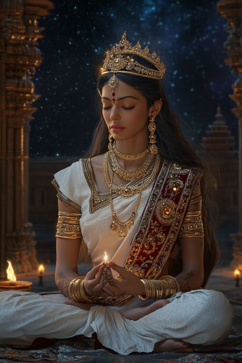 Woman crown jewelry earrings necklace saree meditation candle temple ritual spirituality cultural ceremony decorative starry sky traditional attire A woman sits cross-legged on a carpet, wearing a white and red sari adorned with gold embroidery. She holds a lit candle in her hands, her eyes closed in meditation. She wears a golden crown and matching jewelry, including a necklace, earrings, and bracelets. Behind her, there are two lit lamps, and the background features a dark, starry sky with a golden temple structure.