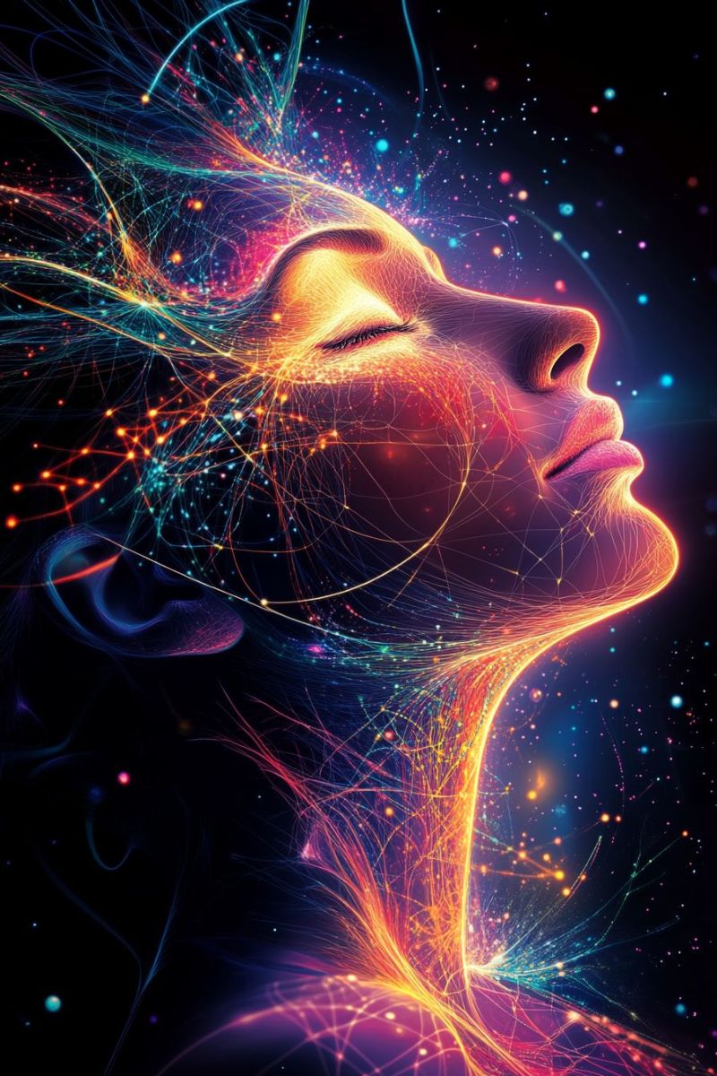 Beauty blue bright colorful concept dream energy fantasy fire glow hair magic meditation mind stylized portrait of a woman's face, illuminated by vibrant, glowing lines and dots that resemble a network of neurons or a digital circuit. Her face is composed of a mix of warm and cool colors, with her eyes closed and her head tilted upward, creating a serene and mystical atmosphere. The background is dark, with scattered colorful lights that add to the ethereal quality of the portrait. The woman's hair flows outward, blending with the colorful lines and dots, giving the impression of movement and energy.