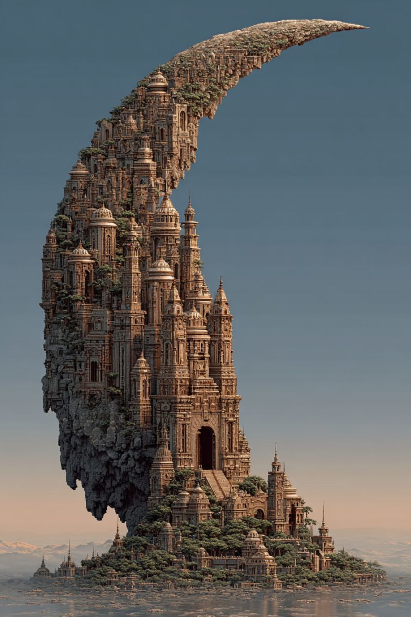 Architecture batiment chateau ville concept design fantaisie fictionnel imagination ile medieval montagne nature ocean ciel tour Une ville conçue de manière complexe, construite en forme de croissant de lune, avec de nombreuses tours, dômes et flèches. La ville est construite à partir d'un mélange de pierre et de brique, avec une végétation luxuriante et des arbres poussant à sa surface. Les bâtiments sont ornés de sculptures et de gravures complexes, et la ville est entourée par un plan d'eau serein. Le ciel au-dessus est clair et bleu, avec une touche de coucher de soleil au loin.