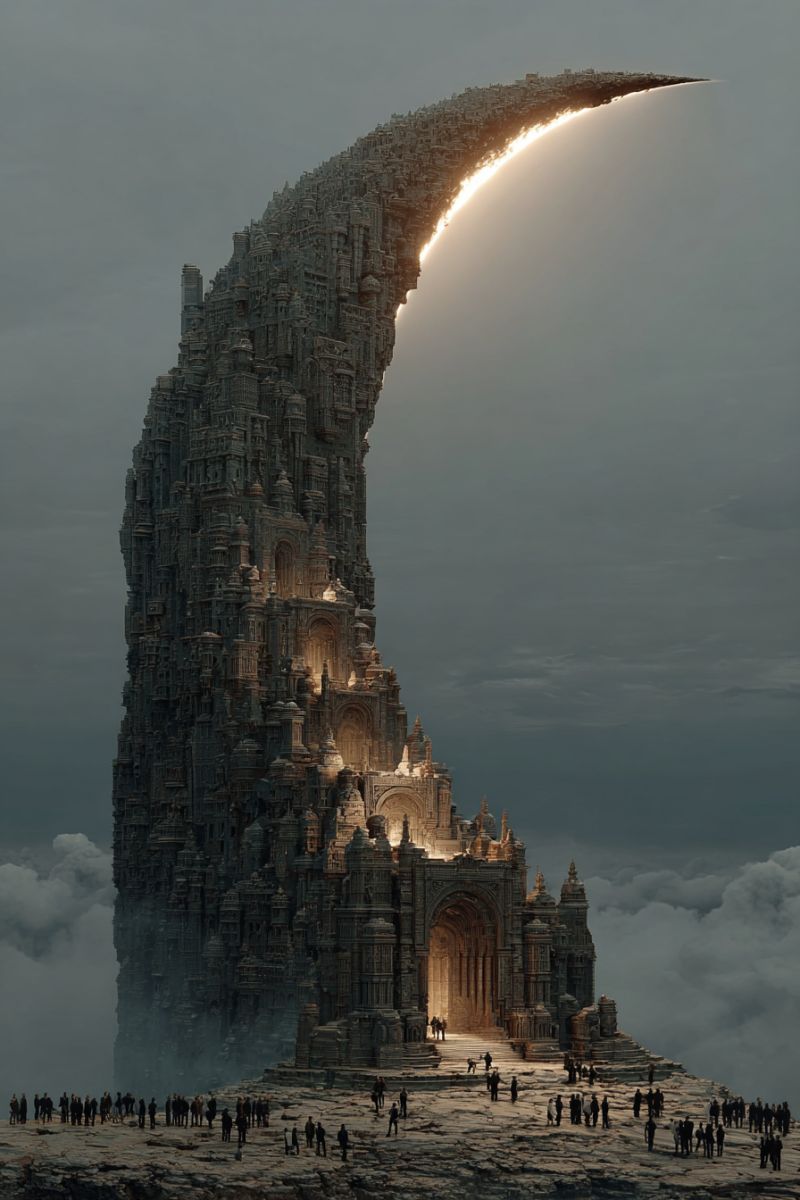 Architecture building castle city cloud dark design fantasy fort fortification fortified forts gothic cathedral A large, intricately designed structure resembling a castle or fortress is built into the side of a cliff, with a crescent moon shape. The structure is made of stone and has many windows, arches, and decorative elements. The moon is shining brightly, illuminating the structure and casting a warm glow on the surrounding area. There are people standing around the base of the structure, some of them are walking towards the entrance. The sky is cloudy and dark, with a hint of light in the distance.