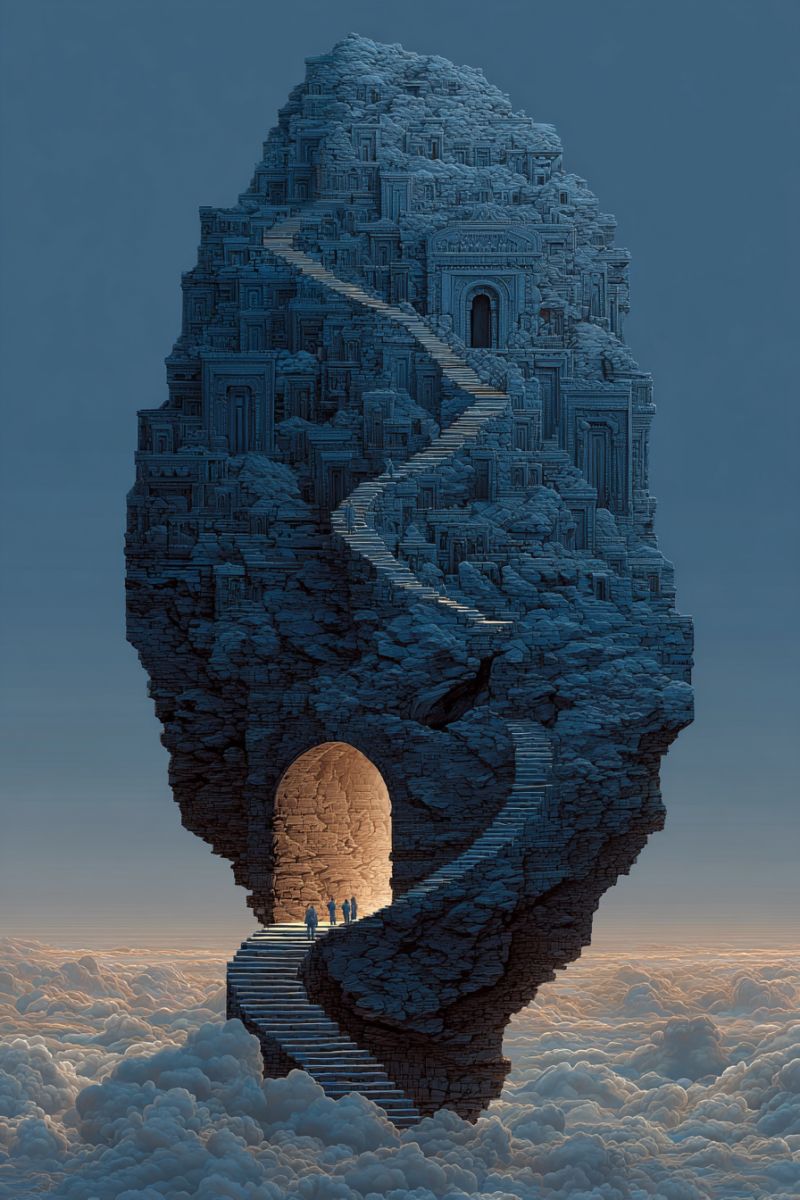 Mountain sky clouds stone stairs architecture people building fantasy path bridge travel journey adventure exploration imagination dream A surreal scene depicts a massive stone structure resembling a mountain, with a winding staircase leading up to a grand archway at its base. The archway is illuminated by a warm light, casting a glow on the steps. The mountain is intricately detailed with stone carvings and appears to be floating above a sea of clouds. Four figures are visible on the staircase, moving towards the archway. The sky above is a deep blue, transitioning to a lighter blue near the horizon.