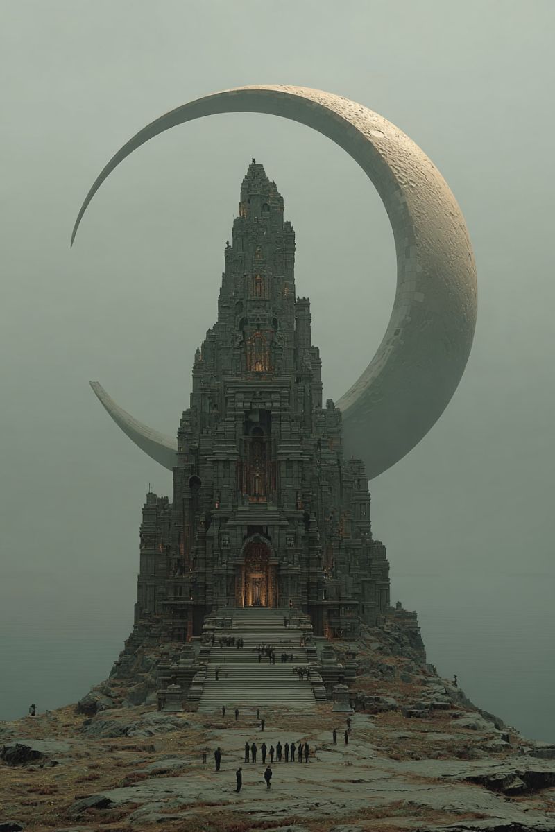 Architecture building castle city cloud cloudy concept dark design dome fantasy fictional fog futuristic hill imagination mountain A large, intricately designed temple stands on a rocky hill, with a grand staircase leading up to its entrance. The temple is adorned with numerous windows and arches, and its roof is crowned with a series of smaller towers. A massive, glowing crescent moon looms behind the temple, casting a soft light over the scene. The sky is overcast, and the ground is covered in dry grass and scattered rocks. In the foreground, a group of people are gathered, some standing and others sitting, all facing the temple.