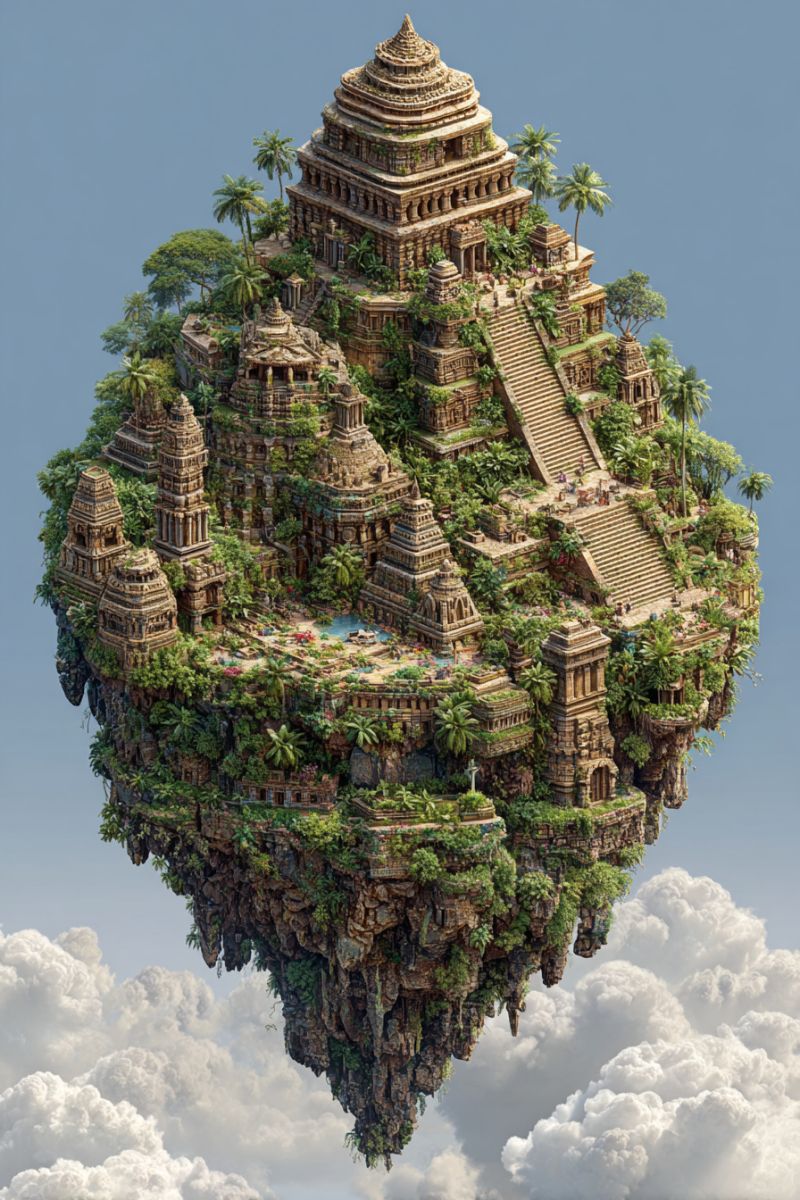 Temple architecture fantaisie imagination ciel nuages escalier eau verdure ancien mystique design concept flottant ile palmier arbres Une vue aérienne d'une île flottante avec un grand temple au design complexe au centre. Le temple est fait de pierre et possède plusieurs niveaux, chacun orné de sculptures et entouré de verdure luxuriante. Il y a des palmiers et d'autres plantes tropicales qui poussent sur l'île, et un escalier mène au temple. L'île est entourée de nuages, et il y a un petit bassin d'eau au centre du temple.