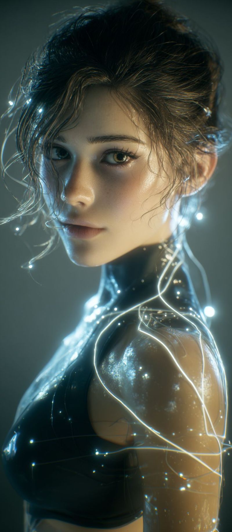 Femme mouilles reflet peau oeil oreille cou epaule poitrine bras main doigt ongle vernis Une femme aux cheveux courts, mouillés et ondulés regarde droit devant avec une expression sérieuse. Elle a des sourcils arqués, des yeux en forme d'amande et un petit grain de beauté sur sa joue droite. Ses lèvres sont légèrement entrouvertes, et sa peau a un léger éclat, peut-être dû à l'humidité. Elle porte un haut noir, brillant et moulant qui semble être fait d'un matériau imperméable. Le haut a un col haut et est orné de fines lignes blanches et lumineuses qui semblent faire partie du design. L'arrière-plan est sombre et flou, suggérant un cadre de studio.