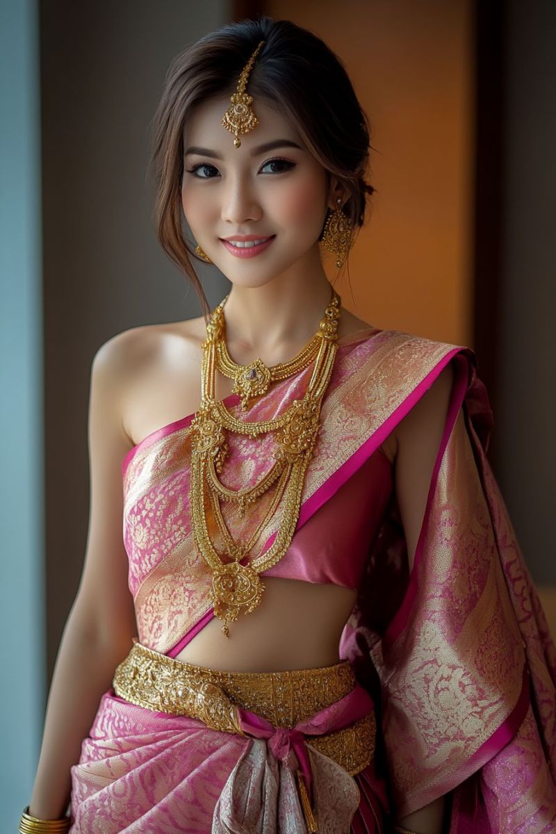 Woman jewelry earrings necklace saree smiling hair fashion accessories traditional culture beauty elegance outfit bridal wedding indian ethnic A woman is dressed in a traditional pink and gold sari, with a matching gold belt and a gold necklace. She has a gold headpiece and matching earrings. Her hair is styled in a bun, and she is smiling for the camera. The background is blurred, suggesting a studio setting.
