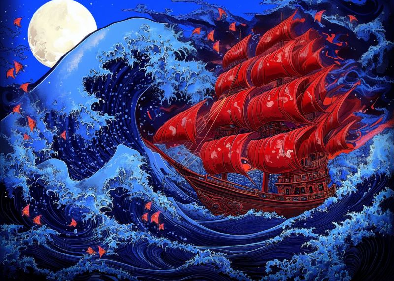 Navire japonais onde lune bateau bois vagues oceaniques voiles rouges toile nautique maritime traditionnel voyage nuit eclairee ukiyo bleu L'atlas offre des paysages panoramiques avec une côte abrupte aux falaises d'arrière-plan. À l'avant-plan, il y a une verdure luxuriante et des plantes rares avec différentes nuances de vert, indiquant un environnement naturel. Le terrain semble bien entretenu, ce qui suggère qu'il pourrait être un site touristique populaire ou une zone protégée. Le ciel est partiellement visible, apparaissant clair avec aucune nuage en vue, ce qui suggère des conditions météorologiques favorables au moment où la photo a été prise. À mi-plan, il y a une petite île ou massif terrestre situé dans l'eau, entouré d'une mer bleue et accessible uniquement par bateau ou transport aérien, étant donné sa situation éloignée. Le massif possède un aspect distinctif avec une rivière de roche en bord de mer et est couronné de ce qui semble être une petite structure, probablement une construction d'une certaine nature. Il semble être un point d'intérêt important, peut-être une phare ou un site historique, étant donné sa position centrale dans la composition de l'image. Le style général de la photographie est naturaliste, en capturant la beauté et la tranquillité du paysage côtier. L'absence de figures humaines ou de structures artificielles autres que celle sur l'île suggère que ce scène n'a pas été touchée par le développement urbain, fournissant un sentiment de sauvagerie sauvage.