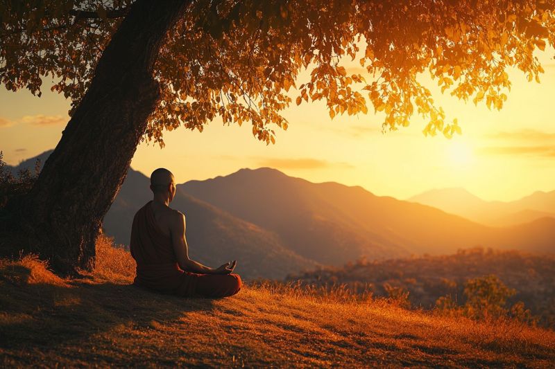 Meditation yoga sunset peaceful outdoor zen monk serenity spirituality nature silence mountain evening tranquility sitting solitude gra dirt path tree stained glass window depicting an elephant and what appears to be a rider. The elephant is on the left side of the image, with its trunk extended upwards, which may suggest movement or a playful action. Its body is colorful with patterns that are typical for stained glass artwork, such as intricate designs and shapes. The rider is positioned above the elephant's head, appearing to be in control of the animal. The rider wears a hat with a visible brim, which could be indicative of a specific culture or tradition associated with the art piece. The background is simple and does not distract from the central focus of the image, which is the elephant and its rider. The stained glass technique used here creates a vibrant array of colors that are often seen in such artwork, adding to the overall visual appeal of the piece. Without any context or additional information provided, it's not possible to provide more details about the style, symbolism, or significance of the image beyond what can be directly observed from the stained glass artwork itself.